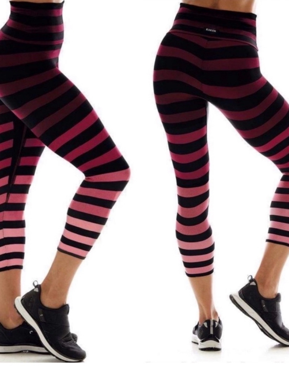 K-DEER Pink & Black Striped Capri Leggings